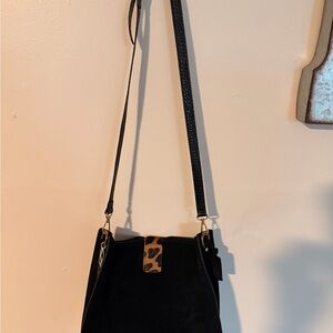 Elegant Black Crossbody Bag with Leopard Accent Genuine Leather